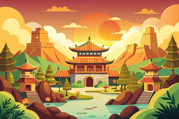 una ilustración de arte digital de un templo en las montañas