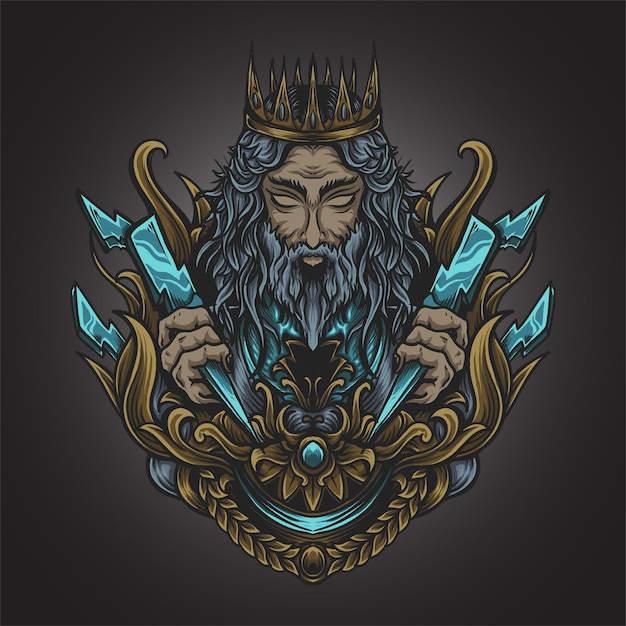 Vector ilustración de arte y diseño de camiseta adorno grabado de zeus