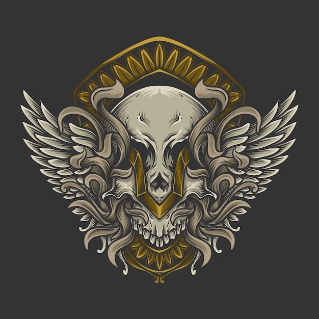 Ilustración de arte y diseño de camiseta calavera con adorno de grabado de ala de ángel