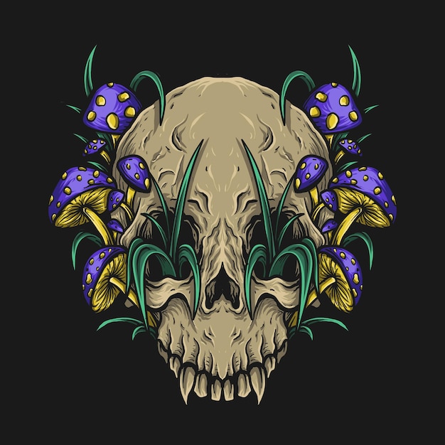 Ilustración de arte y diseño de camiseta calavera con seta
