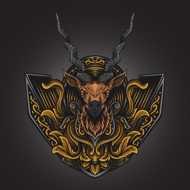 Ilustración de arte y diseño de camiseta grabado de antílope ornamento