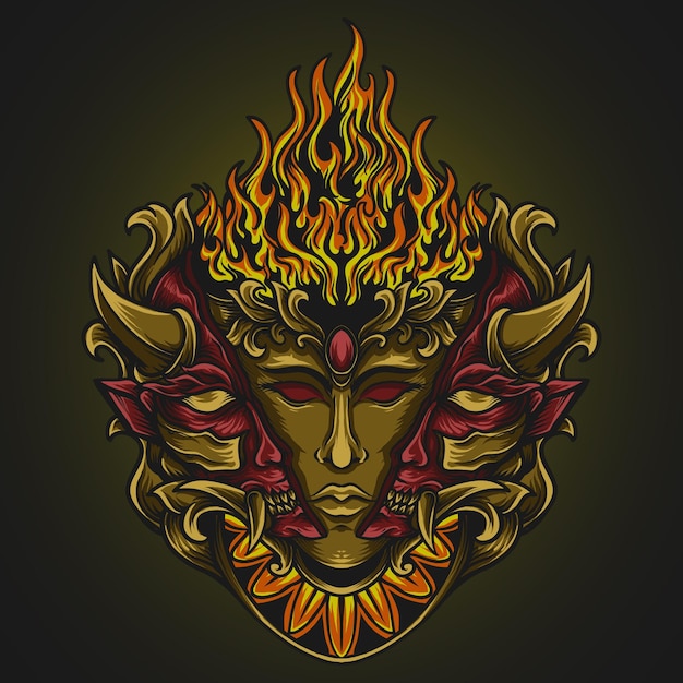ilustración de arte y diseño de camiseta oni mask fire