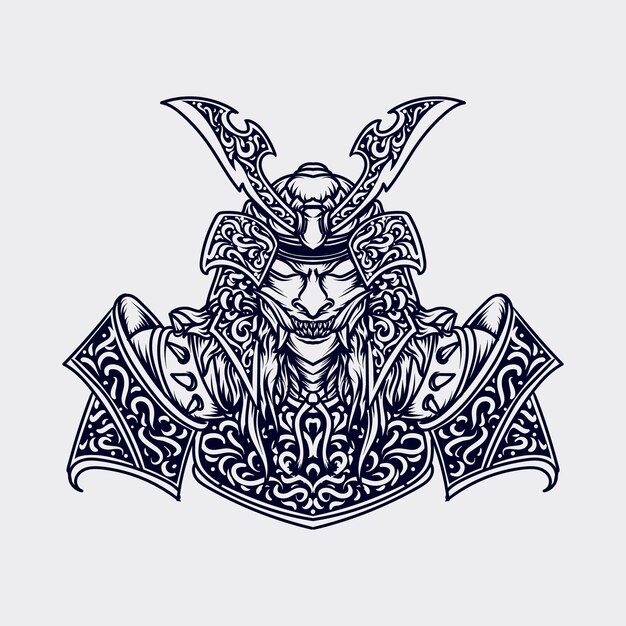 Ilustración de arte y diseño de camiseta ornamento de grabado samurai
