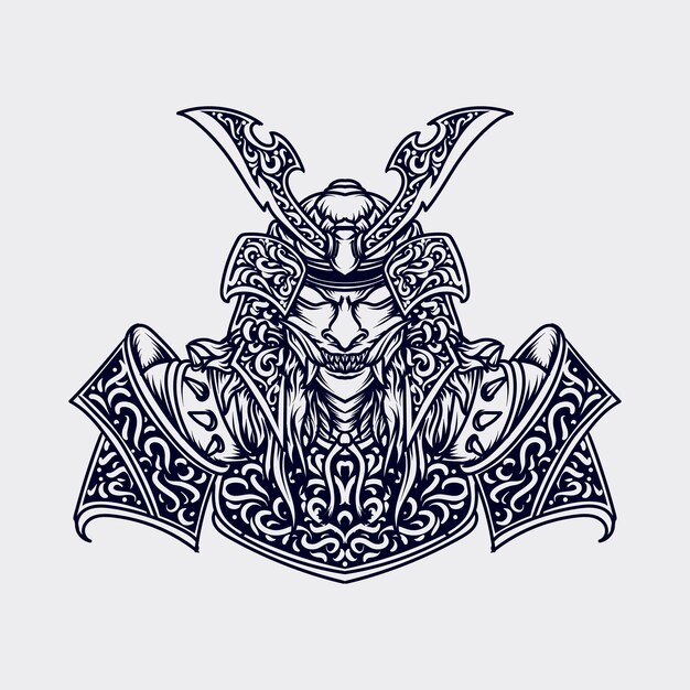 Ilustración de arte y diseño de camiseta ornamento de grabado samurai