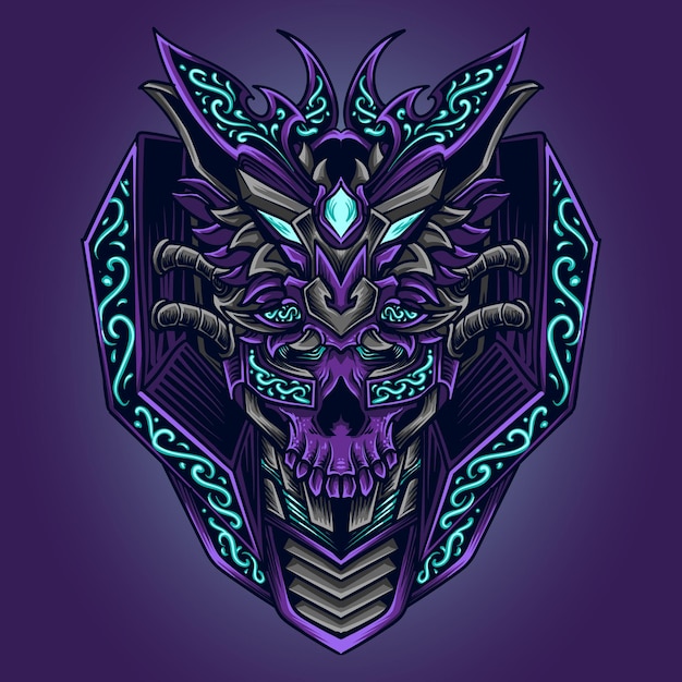 Ilustración de arte y diseño de camiseta robot lobo y adorno de grabado de cráneo
