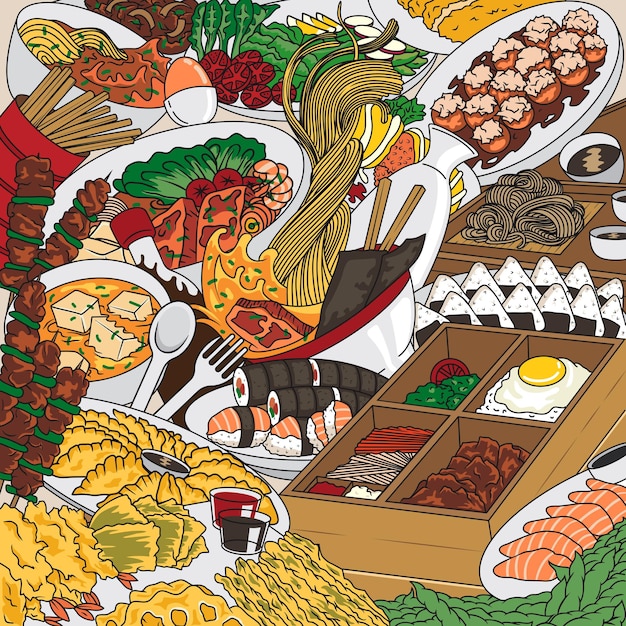 Ilustración de arte de Doodle de cocina japonesa