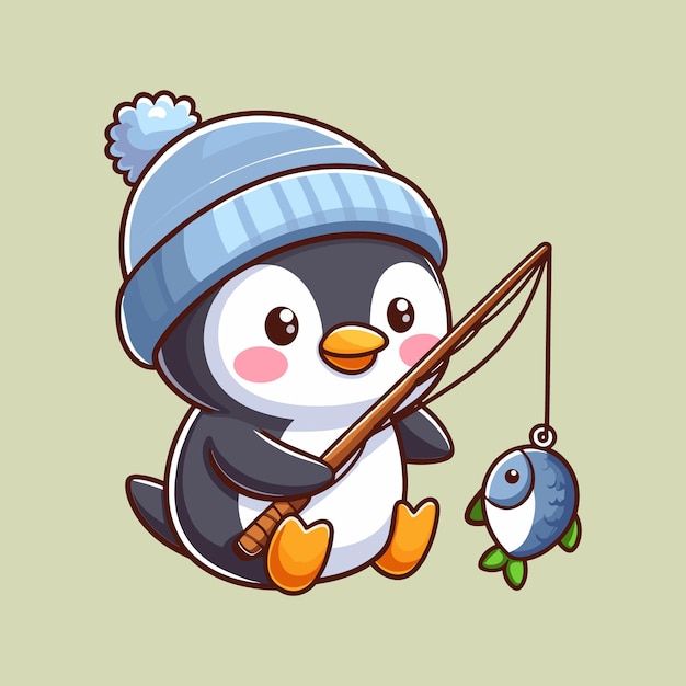 Ilustración de arte de icono de vector de dibujos animados de pesca de pingüino lindo