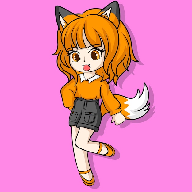 ilustración arte linda chica zorro chibi diseño de personajes
