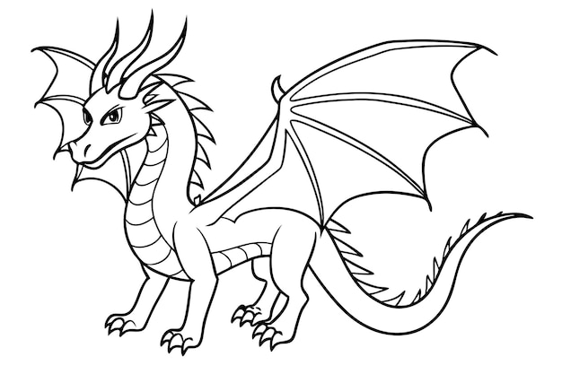 Ilustración de arte de la línea de animales del dragón en blanco y negro