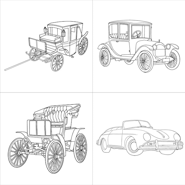 Ilustración de arte de línea de bosquejo de coche antiguo antiguo