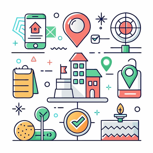 Ilustración de arte de línea de una casa con varias aplicaciones de ubicación e íconos de marca de comprobación a su alrededor