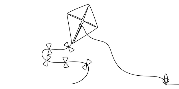 Ilustración de arte de línea de una cometa volando en el cielo con cintas