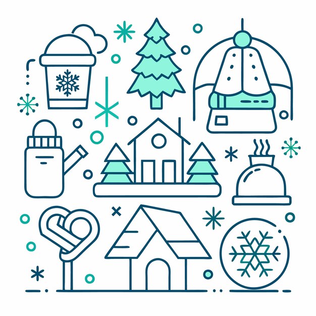 Ilustración de arte de línea de elementos invernales, incluida una casa, un globo de nieve, una bebida caliente y un árbol