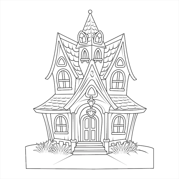 Ilustración de arte de línea de una encantadora casa embrujada para colorear