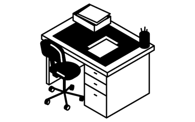 Ilustración de arte de línea isométrica simple y linda de un escritorio de trabajo con papeles en él