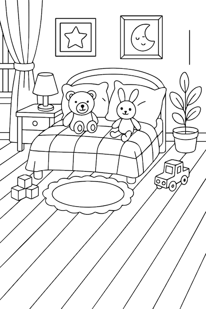 Ilustración de arte de línea para un libro de colorear para niños de un dormitorio lindo con juguetes y almohadas suaves