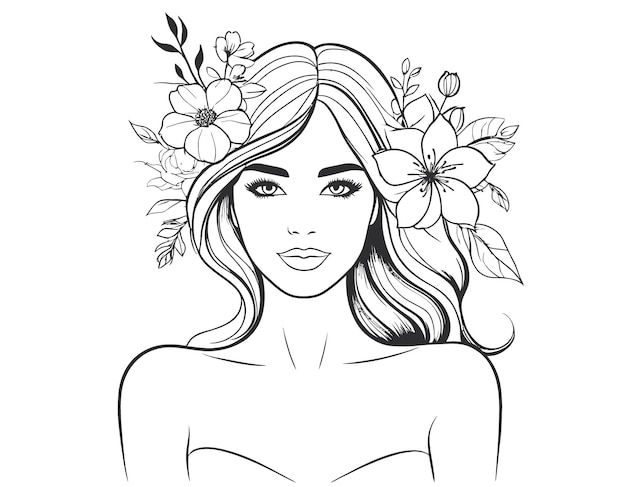Ilustración de arte de línea mínima de una mujer con flores elegantes