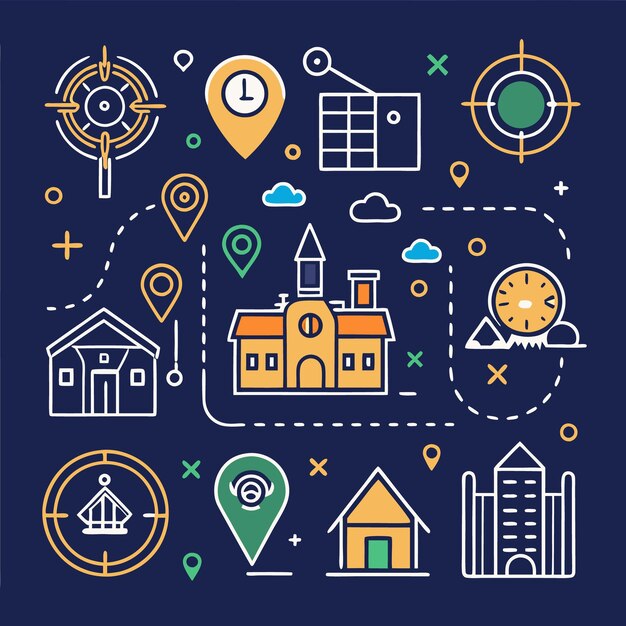 Una ilustración de arte de línea minimalista de una ciudad con varios edificios y puntos de referencia