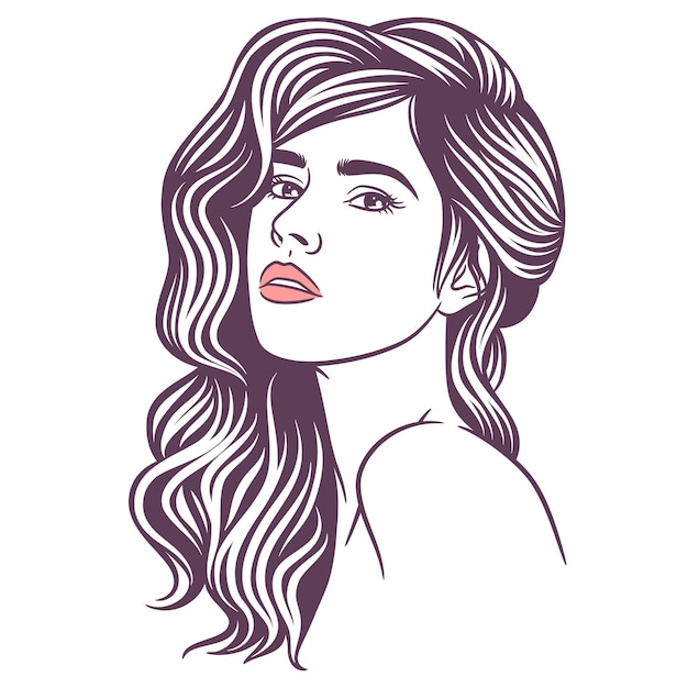 Ilustración de arte de línea de mujer de belleza en blanco y negro, cara de niña de belleza