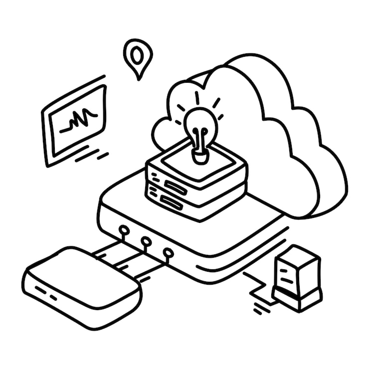 Vector ilustración de arte de línea que representa edge computing que muestra el procesamiento de datos que ocurre localmente en devi