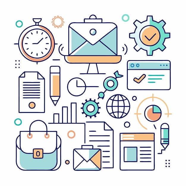 Ilustración de arte de línea que representa elementos comerciales como la estrategia de correo de tiempo y la gestión de proyectos