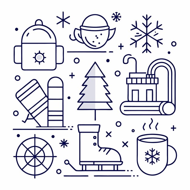 Ilustración de arte de línea con temas de invierno con una bebida caliente, copos de nieve, un árbol, un esquí y un trineo
