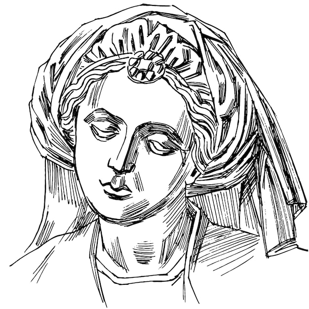Ilustración de arte de línea vectorial dibujada a mano del busto de escultura renacentista de niña