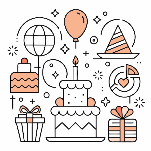 Ilustración de arte de línea vectorial de fiesta de cumpleaños con regalos de pastel, globos y sombrero de fiesta