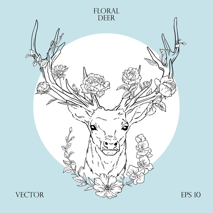 Ilustración de arte lineal de cara de venado con flores