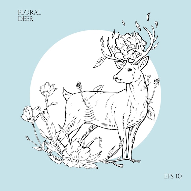 Ilustración de arte lineal de ciervos con flores
