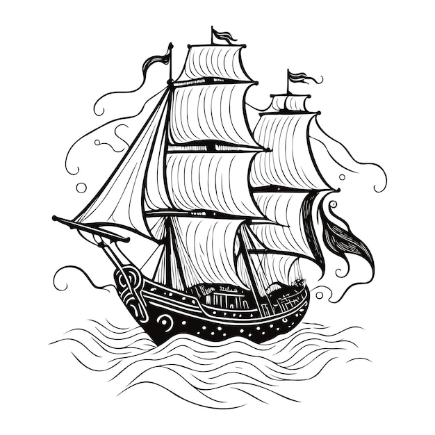 Ilustración de arte lineal del vector de crucero pirata