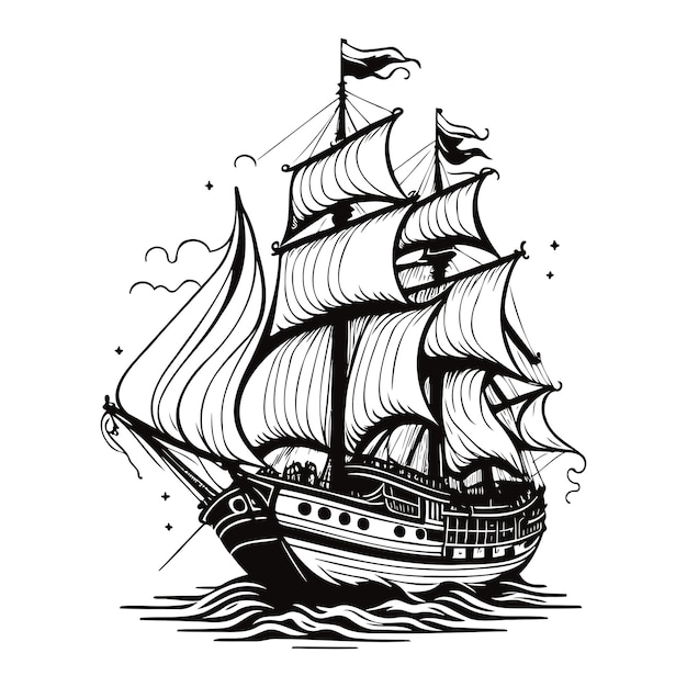 Ilustración de arte lineal del vector de crucero pirata