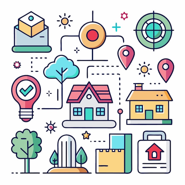 Ilustración de arte de líneas de casas, árboles y otros íconos conectados por líneas que muestran un concepto de ubicación, hogar y comunidad