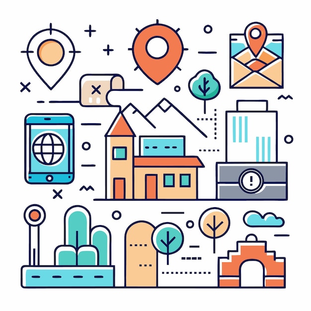 Ilustración de arte de líneas coloridas de una ciudad, edificios, paisajes, puntos de referencia, un teléfono con un globo en la pantalla y iconos de pin de ubicación