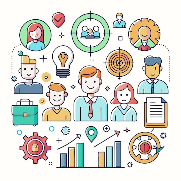 Ilustración de arte de líneas coloridas del éxito empresarial con iconos como la bombilla objetivo y el gráfico