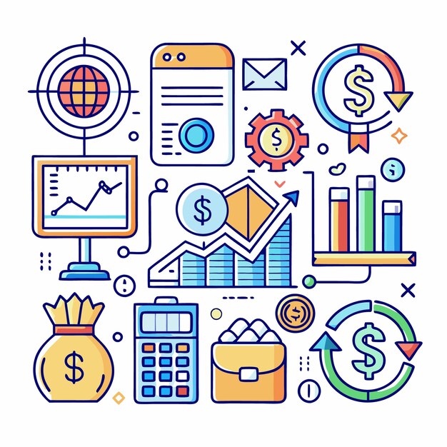 Ilustración de arte de líneas coloridas de iconos de dinero y negocios