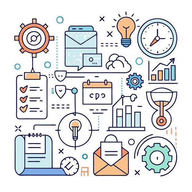 Ilustración de arte de líneas coloridas de ideas de lista de control de gestión del tiempo y análisis de datos