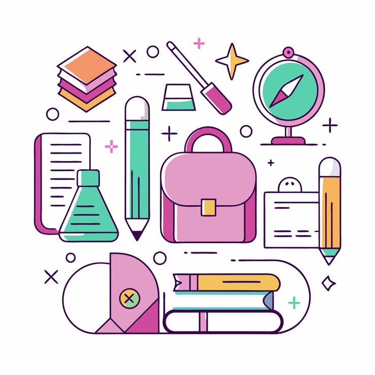 Vector ilustración de arte de líneas coloridas de suministros escolares