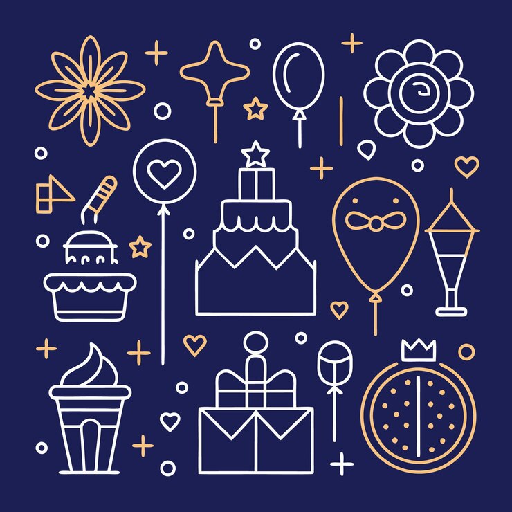 Vector ilustración de arte de líneas de iconos y símbolos de fiestas de cumpleaños en fondo azul
