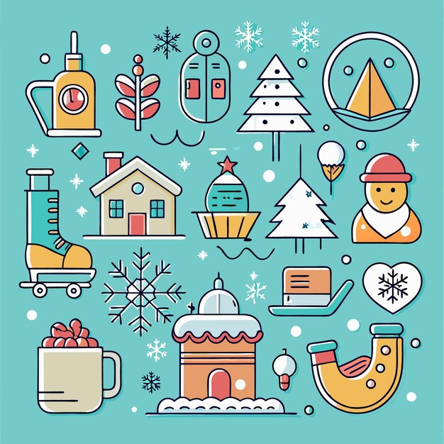 Ilustración de arte de líneas de iconos de vacaciones de invierno que incluyen una casa, un muñeco de nieve, un árbol de Navidad y una taza de cacao caliente