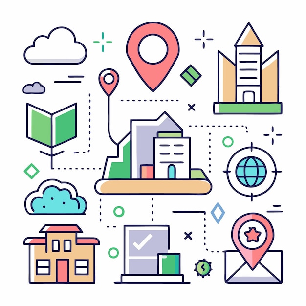 Ilustración de arte de líneas con un marcador de mapa de construcción de la ciudad, un sobre de globo de construcción de nubes y una marca de verificación