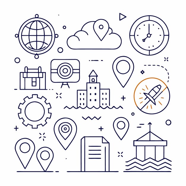 Ilustración de arte de líneas con ubicación global, hora, ciudad objetivo y otros iconos