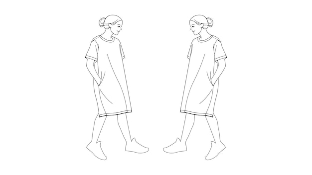 Ilustración de arte de líneas vectoriales Mujeres elegantes con vestidos casuales caminando una hacia la otra