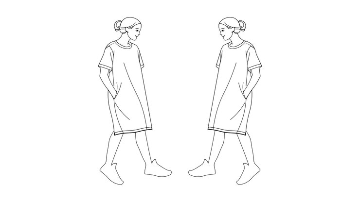 Vector ilustración de arte de líneas vectoriales mujeres elegantes con vestidos casuales caminando una hacia la otra