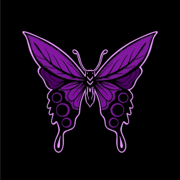 Ilustración de arte de mariposa púrpura vector premium de estilo dibujado a mano para tatuaje, pegatina, logotipo, etc.