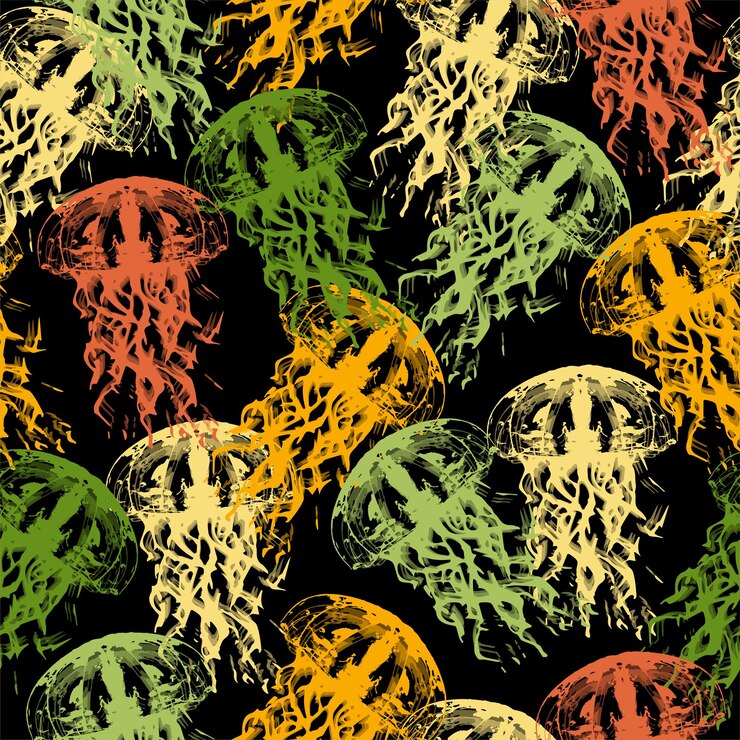 Vector ilustración de arte de medusas bajo el agua negro y neón