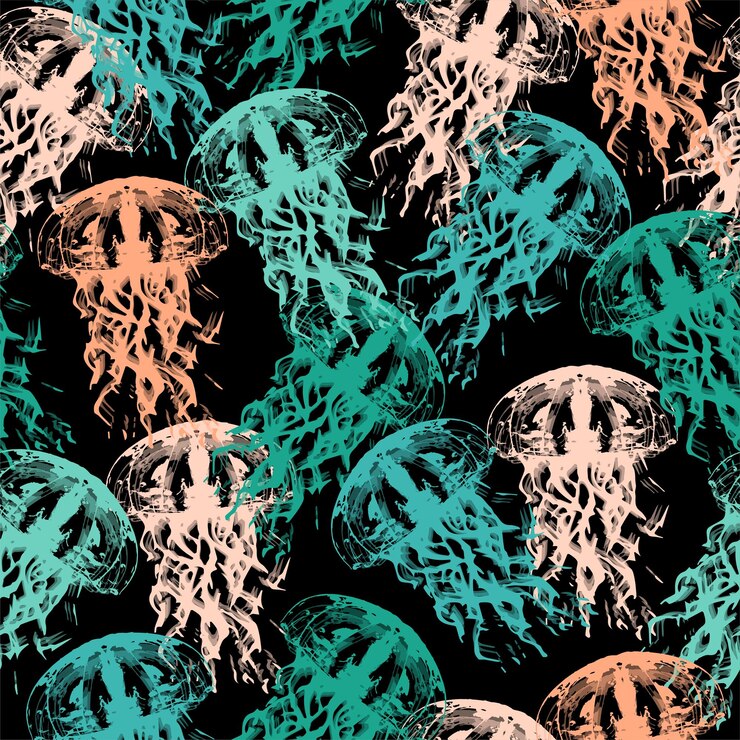 Vector ilustración de arte de medusas bajo el agua negro y neón