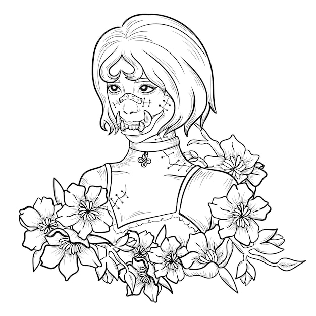 ilustración arte monocromático chica monstruo con diseño de personajes de flores