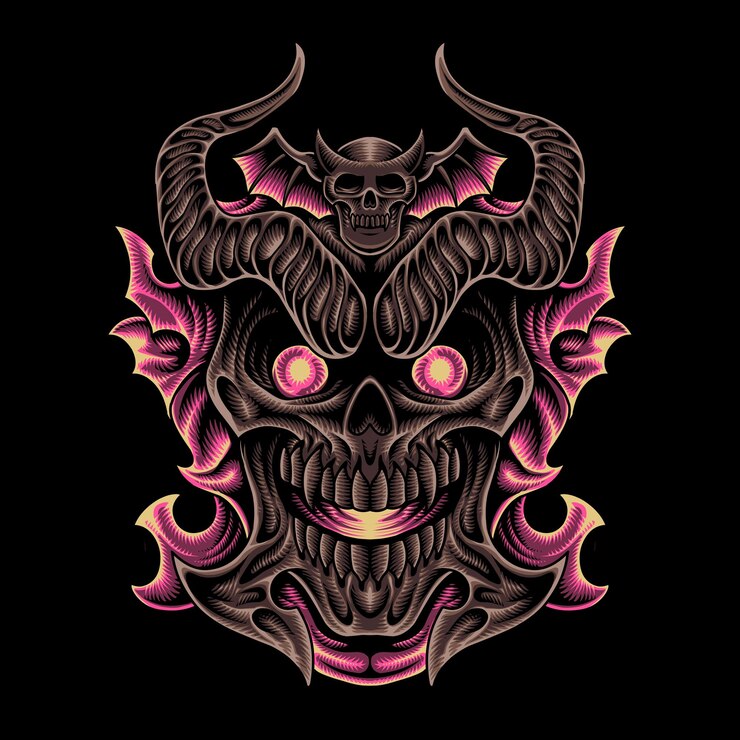 Ilustración de arte oscuro de cráneo alado
