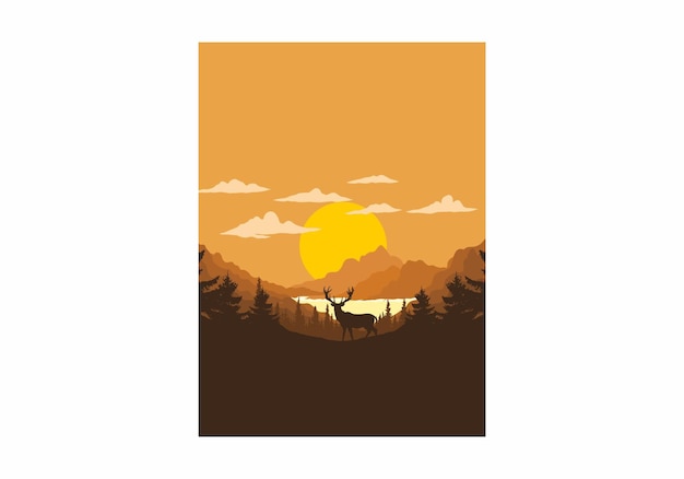 Ilustración de arte paisajístico de lagos y bosques de pinos.
